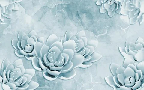 3d illustration, blue marble background, large blue abstract flower buds Stock Illustration
