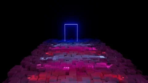 3d illustration blue quadrant neon portal on abstract background of cubes Stock Illustration