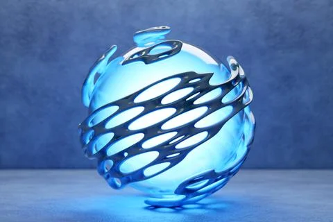 3D illustration of a     blue sphere  with many  faces and holes   on a blue  Stock Illustration