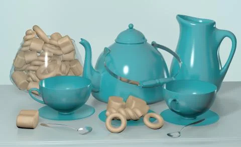3d illustration of blue tea set with kettle cup and candy white still life Stock Illustration