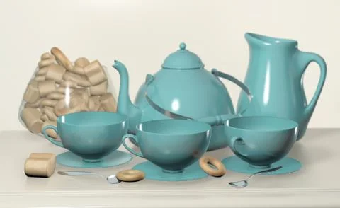 3d illustration of blue tea set with kettle cup and candy white still life Stock Illustration