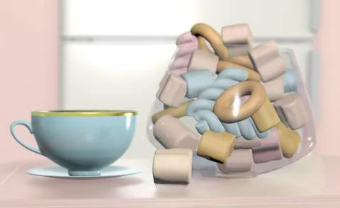 3d illustration of blue tea set with kettle cup and candy vase white still life Stock Illustration