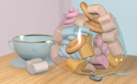 3d illustration of blue tea set with kettle cup and candy vase white still life Illustration