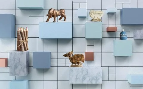 3d illustration, blue tile, cubes, color pencils and various figurines Stock Illustration