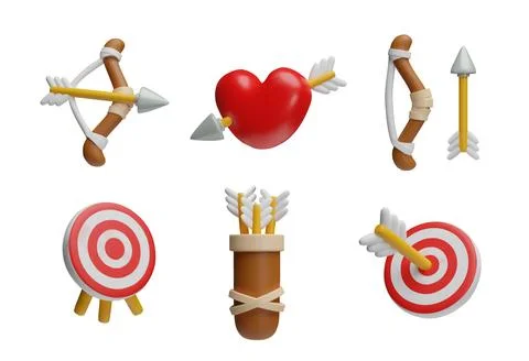 3d illustration of bow and arrow set, pierced heart, quiver and target. Stock Illustration