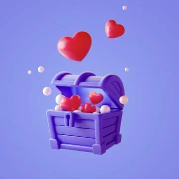 3D Illustration. Box with flying hearts (rendering gift box chest with likes) Stock Illustration