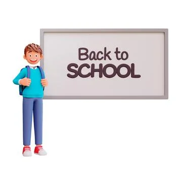 3D illustration of a boy with a backpack standing next to a sign saying "back to Stock Illustration