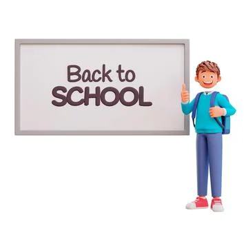 3D illustration of a boy with a backpack standing next to a sign saying "back to 스톡 일러스트