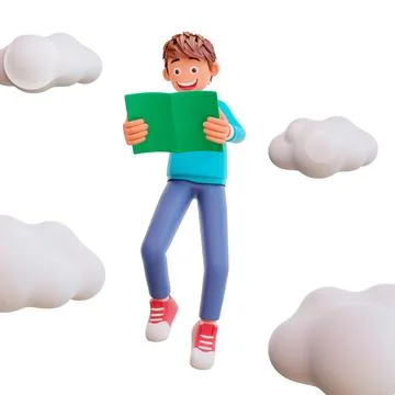 3D illustration of a boy reading a book and walking with clouds in the Stock Illustration