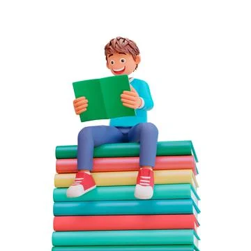 3D illustration of a boy reading while sitting on a big pile of books Illustrazione stock