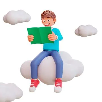 3D illustration of a boy sitting on clouds and reading a book 스톡 일러스트