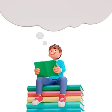 3D illustration of a boy thinking while he's reading sitting on a pile of books Stock Illustration