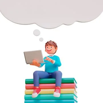 3D illustration of a boy thinking while he's holding a laptop sitting on a pile 스톡 일러스트