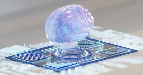 3D illustration of a brain on a digital tablet containing medical data, info Illustrazione stock