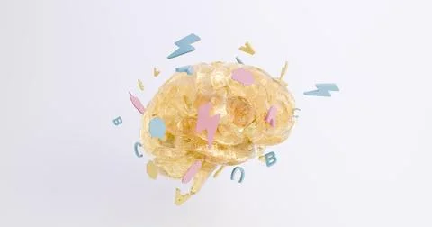 3D illustration of a brain surrounded by floating abstract elements of ideas Stock Illustration