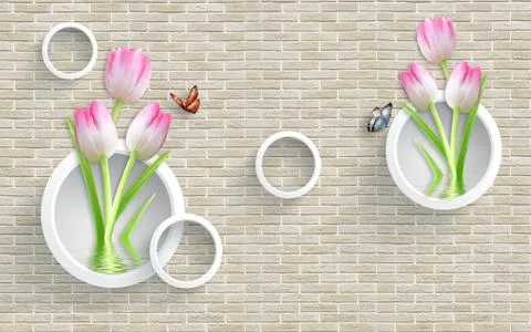 3d illustration, brick background, white rings, pink tulips Stock Illustration