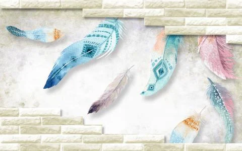 3d illustration, brick wall, light background, large multi-colored feathers Stock Illustration