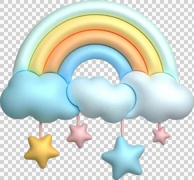 3D illustration Bright rainbows, clouds, and hanging stars. minimal style. Stock Illustration