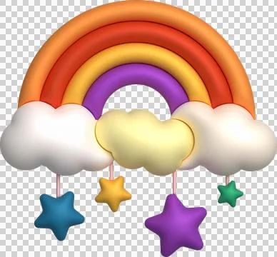 3D illustration Bright rainbows, clouds, and hanging stars. minimal style. Stock Illustration