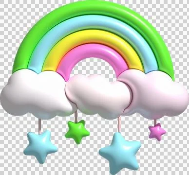 3D illustration Bright rainbows, clouds, and hanging stars. minimal style. Stock Illustration