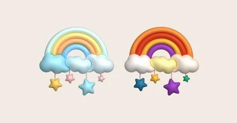 3D illustration Bright rainbows, clouds, and hanging stars. minimal style. Stock Illustration
