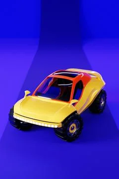 3D illustration of a bright  yellow SUV in a Biggie-inspired 80s style, set a Stock Illustration