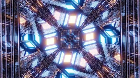 3D illustration of a brightly-enlightened angular rhombus shaped sci-fi tunnel Ilustração Stock