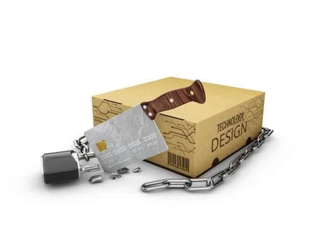 3d Illustration of broken padlock with chain and software box, isolated white Stock Illustration