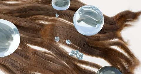 3d illustration of bubbles on the background of a stream of curls of dark ha Illustrazione stock