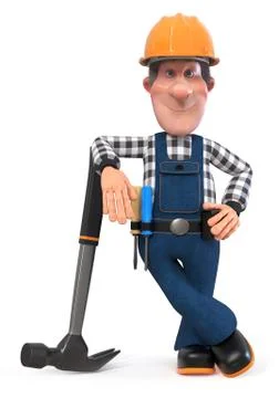 3d illustration Builder worker in overalls with hammer Stock Illustration