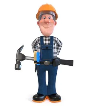 3d illustration Builder worker in overalls with hammer Stock Illustration