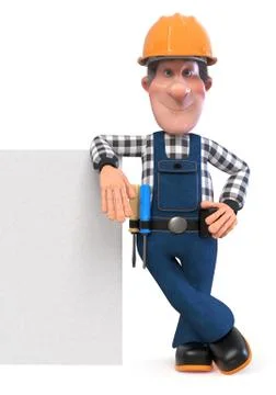 3d illustration Builder working in overalls with a poster Stock Illustration