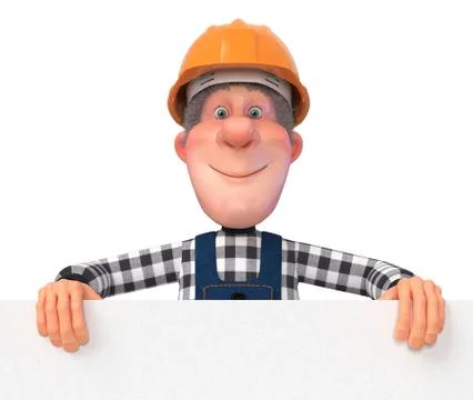 3d illustration Builder working in overalls with a poster Stock Illustration