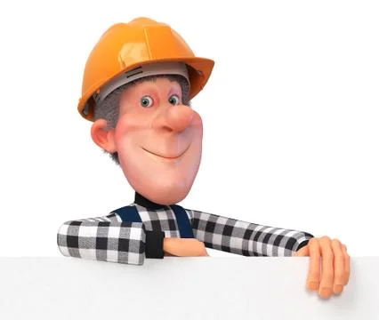 3d illustration Builder working in overalls with a poster Stock Illustration
