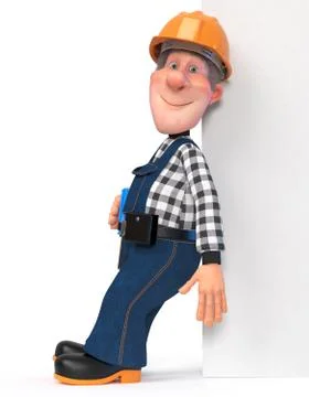 3d illustration Builder working in overalls with a poster Stock Illustration