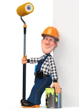 3d illustration Builder working in overalls with a poster Stock Illustration