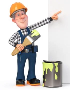 3d illustration Builder working in overalls with a poster Stock Illustration