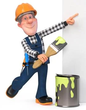 3d illustration Builder working in overalls with a poster Stock Illustration