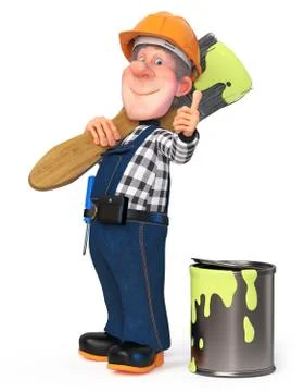 3d illustration Builder working in overalls with a poster Stock Illustration