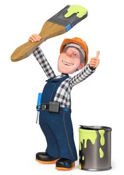 3d illustration Builder working in overalls with paint brush Stock Illustration