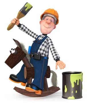 3d illustration Builder working in overalls with paint brush Stock Illustration