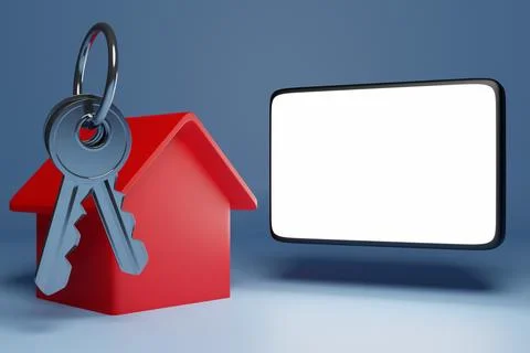 3d illustration of a bunch of keys, a red new house - a new building and next Ilustración de archivo