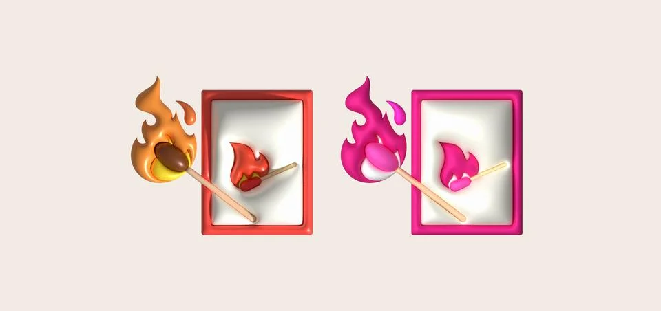 3d illustration burning match with fire, opened matchbox, burnt matchstick. Stock Illustration