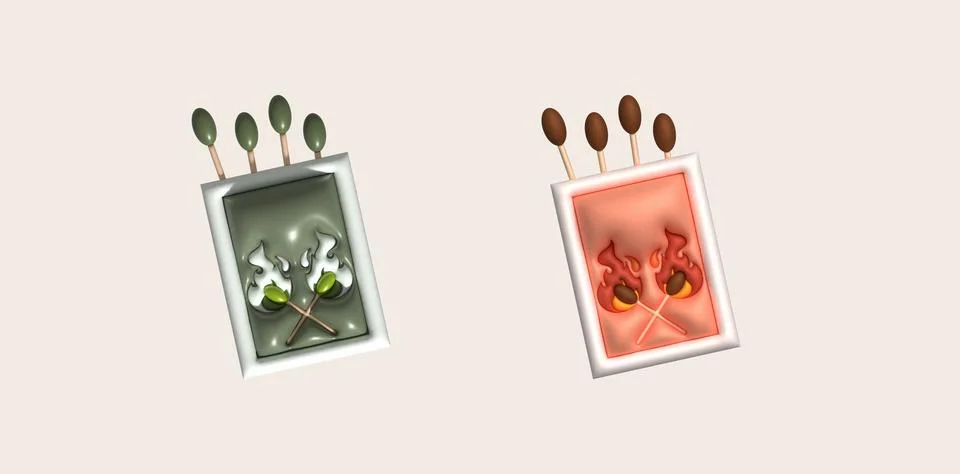 3d illustration burning match with fire, opened matchbox. Stock Illustration
