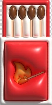 3d illustration burning match with fire, opened matchbox, burnt matchstick Stock Illustration