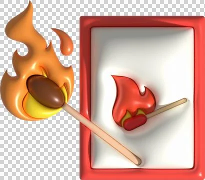 3d illustration burning match with fire, opened matchbox, burnt matchstick Stock Illustration
