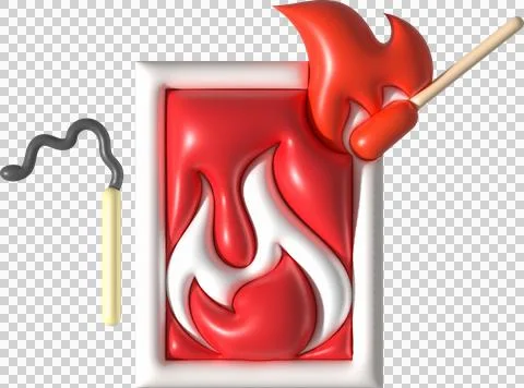 3d illustration burning match with fire, opened matchbox, burnt matchstick... Stock Illustration