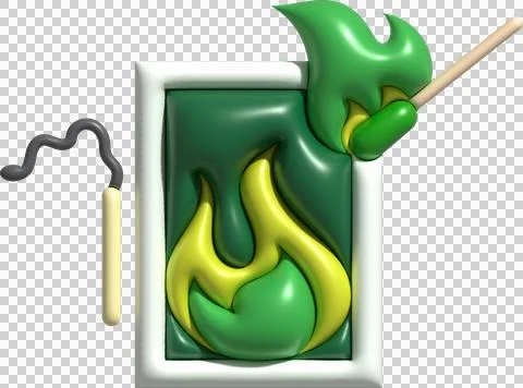 3d illustration burning match with fire, opened matchbox, burnt matchstick... Stock Illustration