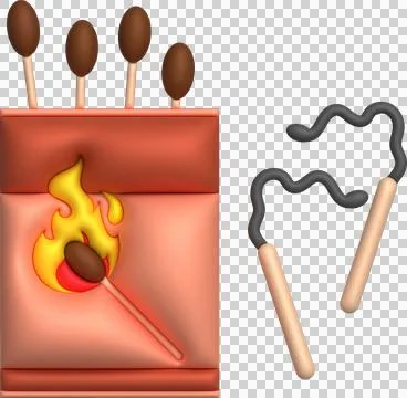 3d illustration burning match with fire, opened matchbox, burnt matchstick 스톡 일러스트