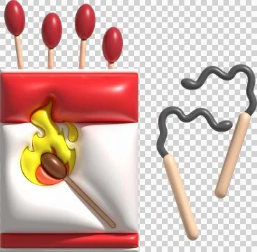 3d illustration burning match with fire, opened matchbox, burnt matchstick Stock Illustration